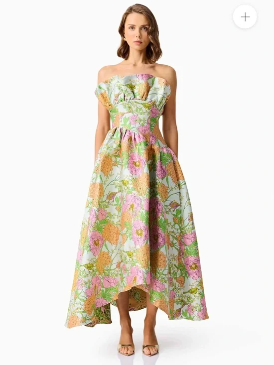 elliatt laurel green floral jacquard strapless ruffle maxi gown dress medium NEW - Picture 17 of 17